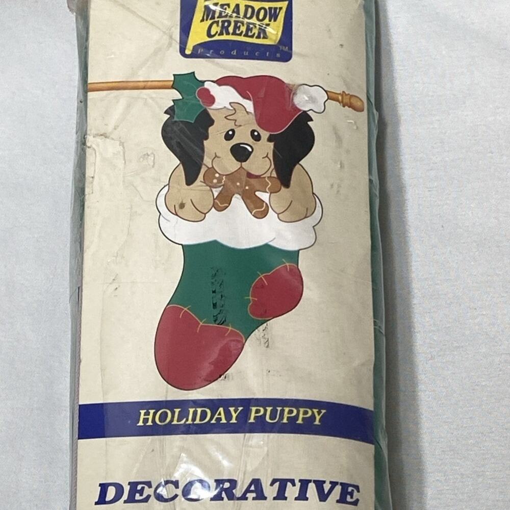 Vintage Meadow Creek Flag Christmas Holiday Puppy In Stocking 28 X 40 Nylon